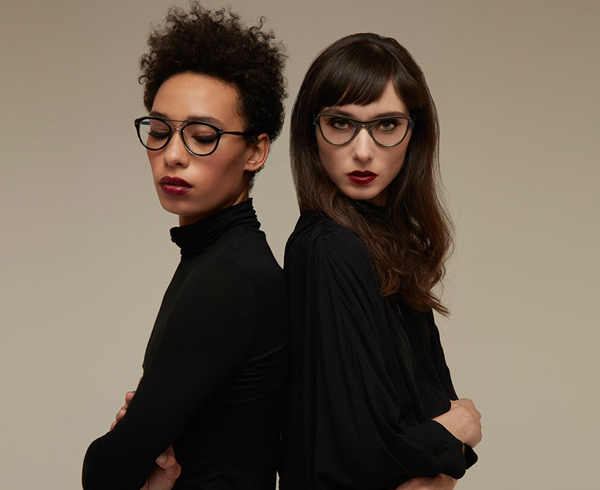 Two women modeling Blake Kuwahara frames